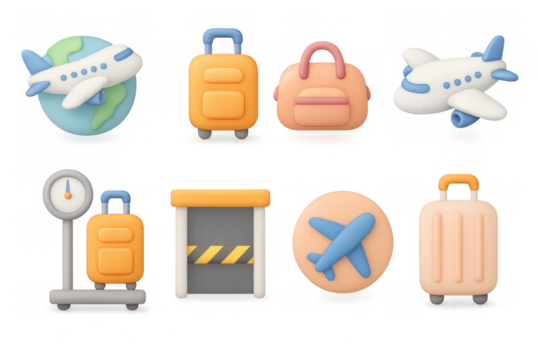 Travel journey set with airplane and luggage icons in 3d style