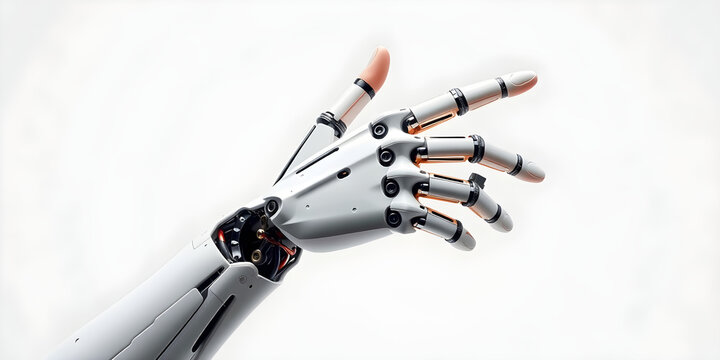 Cyborg hand or artificial intelligence hand with human hand joint with index finger isolated on white background.generative ai
