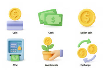 3d finance icons: coin, cash, investments, atm, exchange symbols