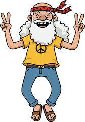 Happy cartoon hippie man with beard, peace sign gesture, retro character illustration, colorful outfit, vintage lifestyle, smiling face, vector art