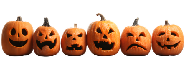 Halloween lineup of different jack-o-lantern expressions happy, scary, silly, crying, isolated on white