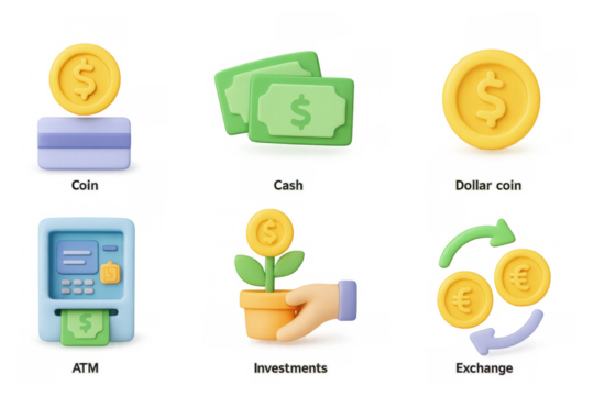 3d finance icons: coin, cash, investments, atm, exchange symbols