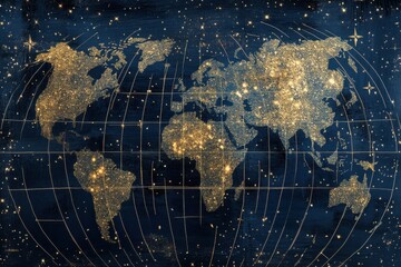 Global night sky illuminated world map digital art starscape aerial view geographic representation