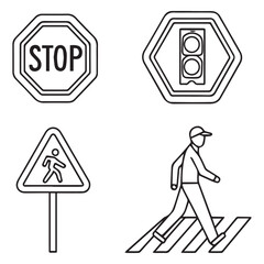 Depiction of various traffic signs isolated on white background, including a stop sign, a traffic light signal, a pedestrian crossing, and a pedestrian sign, all rendered in a simple line art style