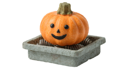 Pumpkin sitting inside jack-in-the-box, spring loaded, isolated on white