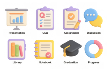 Colorful 3d education and office icons set for digital learning and or