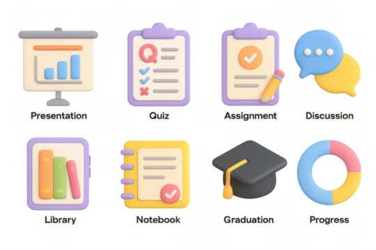 Colorful 3d education and office icons set for digital learning and or