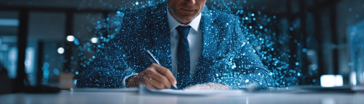 Ai-driven document processing helps businessmen concept. A professional writing in a modern office with digital effects.
