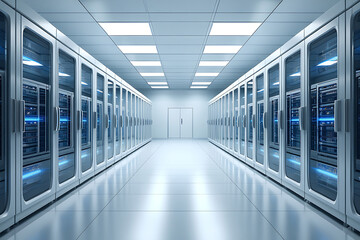 Data Center Server Room with Rows of Rack Servers and Modern Technology Infrastructure for Cloud Computing and Data Storage High Performance Computing Environment