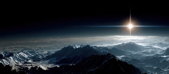 Mountain range view with bright star in the sky, moody and dark