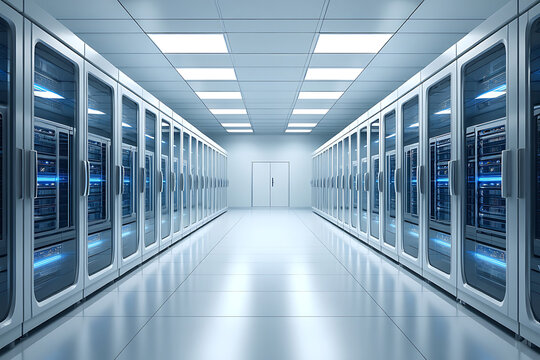 Data Center Server Room with Rows of Rack Servers and Modern Technology Infrastructure for Cloud Computing and Data Storage High Performance Computing Environment