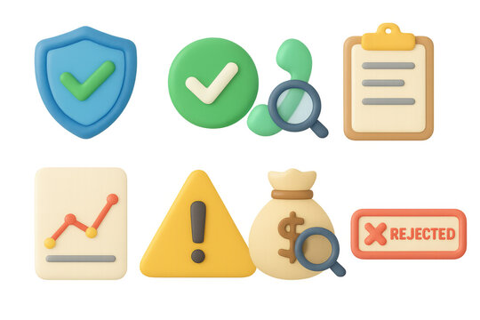 3d business icons: security, analytics, alerts, finance, approval, rej