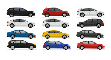 Colorful car side views in flat design with variety of shades and models
