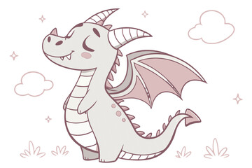 Obraz premium Adorable smiling cartoon dragon with pastel pink wings horns and back spikes standing happily.