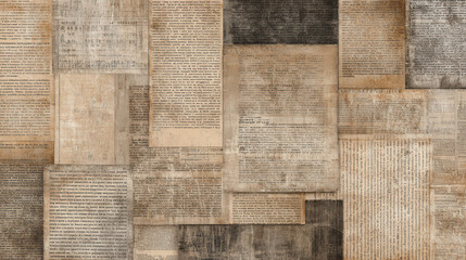Old newspaper clippings create a textured background with various fonts and colors in a natural arrangement, showcasing vintage print style