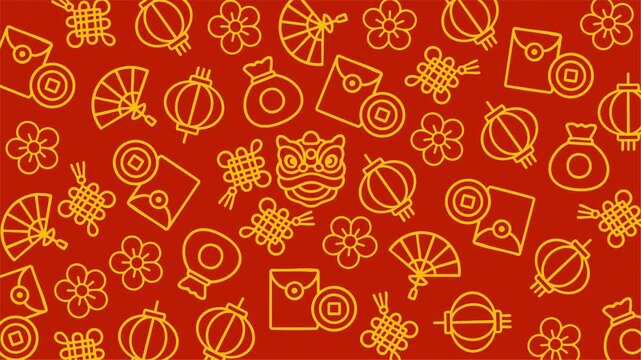 Red background with golden seamless festive icons and patterns