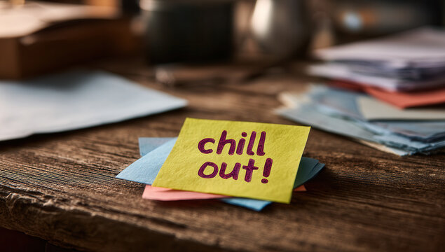 Brightly colored sticky notes with a positive message on a wooden table during a cozy afternoon workspace scene