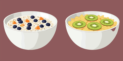 Healthy breakfast bowl, oatmeal with blueberries, cereal with kiwi, fresh fruit meal, nutritious food illustration, morning diet snack vector design