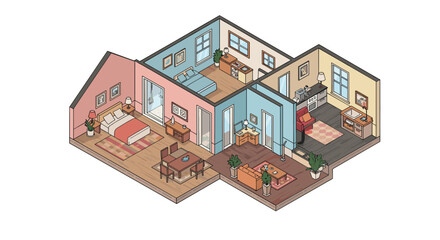 Cozy isometric apartment interior with modern furniture and soft pastel colors