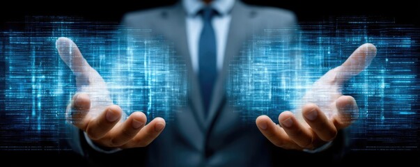 Ai-driven document processing helps businessmen concept. Businessman showcasing digital innovation with virtual interface.