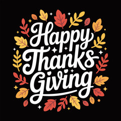 Obraz premium Happy Thanksgiving wordmark, hand lettered style, foliage frame border, falling leaves pattern, dark background layout, decorative seasonal vector