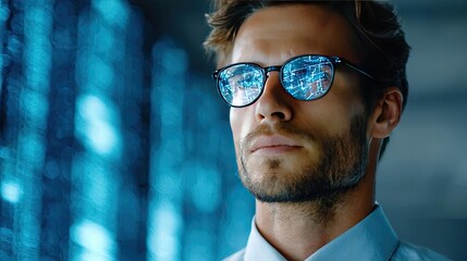 Ai-driven document processing helps businessmen concept. Focused businessman with glasses, reflecting digital data patterns.