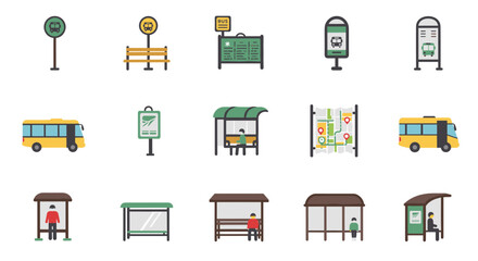 Urban public transport icons: bus stops, shelters, and signs in flat design