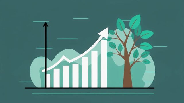 Illustration depicting financial growth and environmental sustainability with an upward trending bar chart, line graph, and a green tree. - Powered by Adobe
