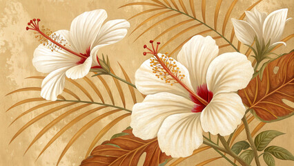 Elegant White Hibiscus Flowers on Warm Textured Background
