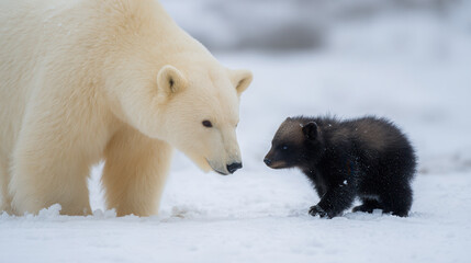 Obraz premium Polar bear and cub interact in snowy landscape during winter season in Arctic region