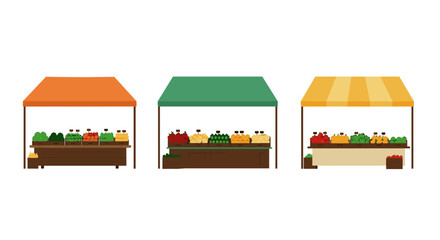 Fototapeta premium Colorful market stalls with fresh produce under vibrant tents