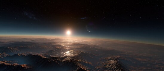 Alien landscape with rising sun over rugged terrain and faint cosmic objects