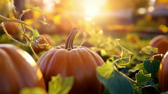 Sunlit pumpkin patch with large orange pumpkins and green leaves in autumn.