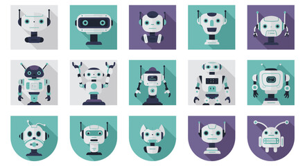 Obraz premium Collection of cute robot icons with flat long shadows on colorful backgrounds
