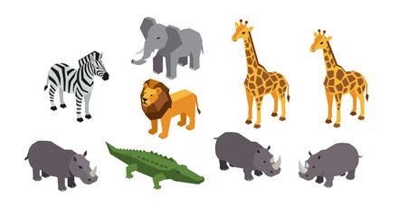 Obraz premium Isometric african wildlife collection featuring elephants, giraffes, lions, and more