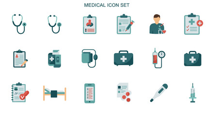Comprehensive medical icon set featuring flat design elements for healthcare applications