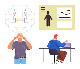 Person adjusting glasses for thinking, digital brain network, individual analyzing data on laptop, analytics display. Ideal for innovation, ideas, AI, education, research productivity conceptual