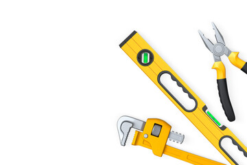 Hand tools like pliers, pipe wrench, and spirit level on white background with clipping path, concept of construction tools