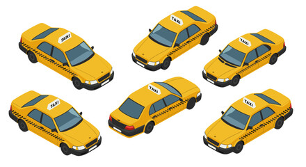 Isometric yellow taxi cab set with multiple angles and detailed views