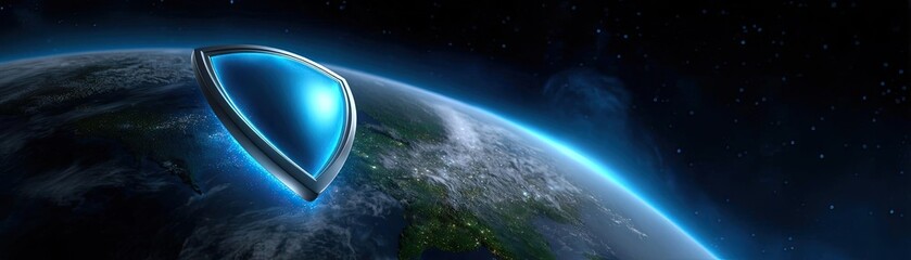Cyber security and data protection strategy concept. Futuristic spacecraft hovering above Earth in deep space.