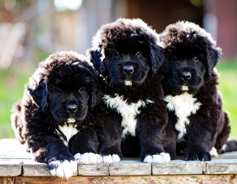 Three fluffy Newfoundlander puppies sit together on a wooden surface