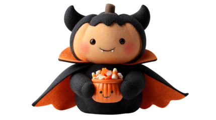 Pumpkin vampire with cape and fangs, holding goblet of candy, isolated on white