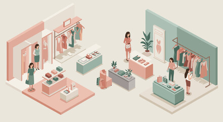 Isometric boutique shopping scene: fashionable women's clothing store layout