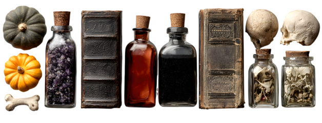 Horizontal flat lay of potion bottles, spell books, pumpkins, and bones, isolated on white