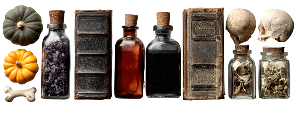 Horizontal flat lay of potion bottles, spell books, pumpkins, and bones, isolated on white