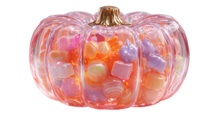 Transparent pumpkin candy bucket glowing with neon sweets, isolated on white background