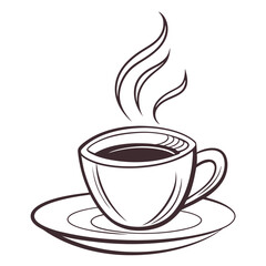 A simple line art illustration of a steaming cup of hot coffee on a saucer