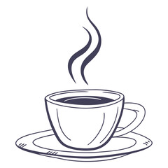 A simple line drawing of a steaming cup of coffee on a saucer with wisps of steam rising