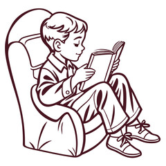 A young boy wearing a collared shirt and pants sits comfortably in a chair reading a book