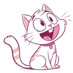 Adorable cartoon white cat with pink stripes and collar sitting and smiling happily with wide open mouth